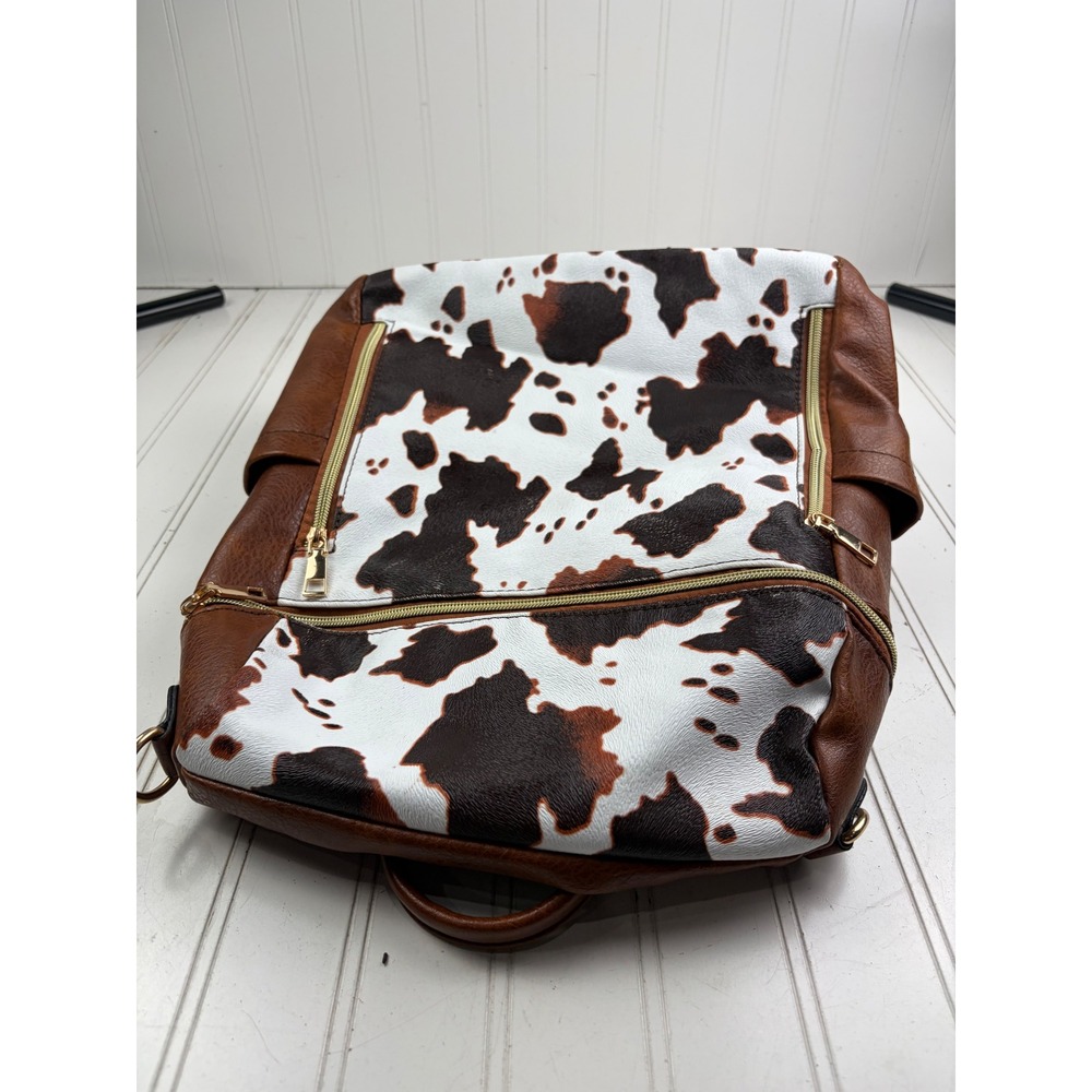 Vintage Y2K Cow Print Boho Western Brown White Faux Leather School Back Pack - Picture 11 of 13